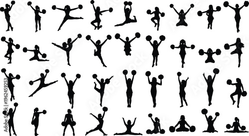 Silhouette illustration of cheerleaders with pom-poms, diverse poses, energetic dance, fitness activity, performance, celebration, movement, lifestyle scene
