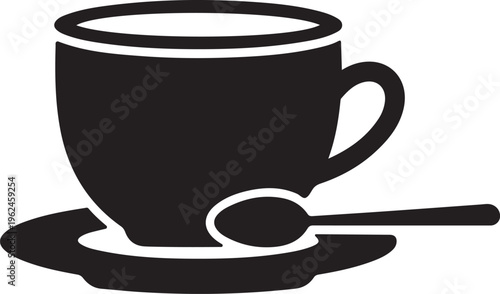 Simple black silhouette of a coffee cup with saucer and spoon on white background