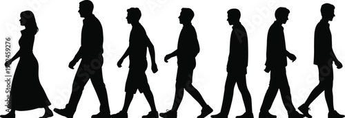 Silhouette illustration of human evolution, people walking progression, aging stages, individuality, lifestyle, growth, symbolic concept, social dynamic scene