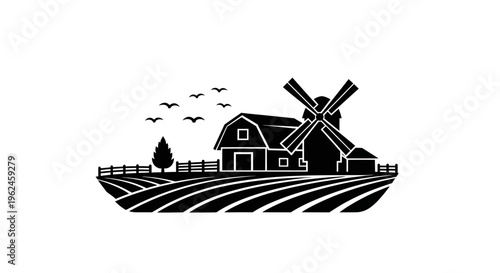 Rural landscape silhouette with farmhouse windmill and fields