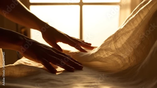 Hands touching textured linen fabric in warm golden sunlight