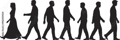 Silhouette illustration of people walking in line, diverse figures, individuality, outdoor lifestyle, movement, progression, social dynamic scene