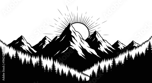 Silhouette of majestic mountain range at sunrise with trees and radiant sun