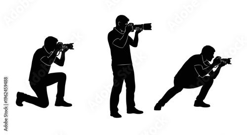 Three photographers in different poses silhouette against a white background capturing moments with their cameras