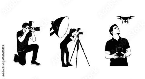 Silhouette of photographers with various equipment and a drone in flight