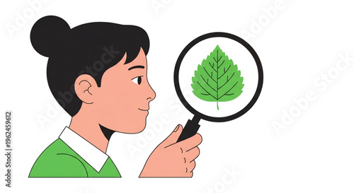 Person observing leaf through magnifying glass representing botany study.