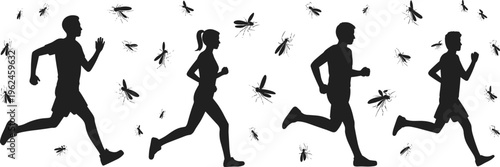 Silhouette illustration of people running outdoors, chased by flying mosquitoes, fitness activity, insect swarm, outdoor lifestyle, health nuisance