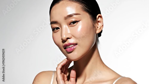 Young Asian woman with glowing dewy skin in beauty portrait