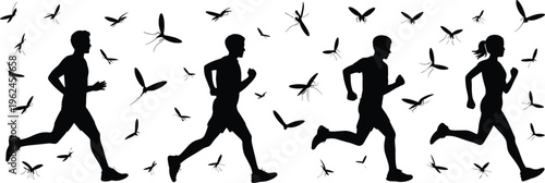 Silhouette illustration of people running outdoors, surrounded by flying mosquitoes, fitness activity, insect nuisance, outdoor lifestyle scene