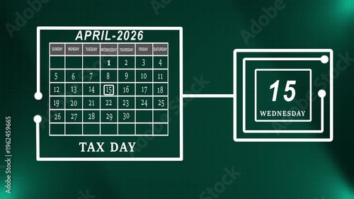 Professional April 2026 Monthly Calendar Highlighting Fifteen Tax Day Deadline Within A Technical Green Digital Grid Interface.
