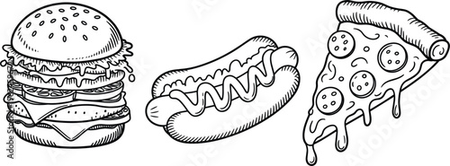 Hand drawn fast food vector set with burger, hot dog and pizza slice, vintage cafe menu illustration