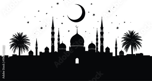 Black mosque silhouette with domes and minarets flanked by palm trees under crescent moon and stars symbolizing Islamic spirituality