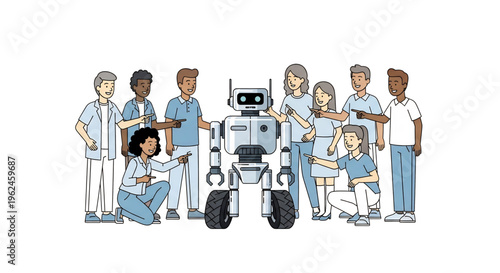 Group of scientists with robot representing teamwork and robotics research.