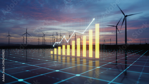 Renewable energy financial growth chart overlaying wind turbine farm at sunset on solar panel grid representing clean sustainable electricity investment