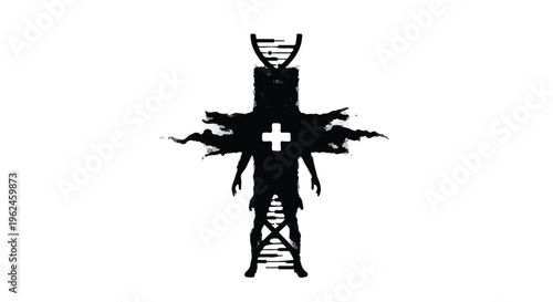 Medical cross symbol with DNA double helix and abstract elements