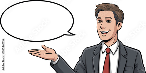 Smiling professional businessman in suit with speech bubble presenting information for customer service and corporate communication vector illustration.