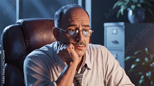 Tired businessman holding head while working late in dark office