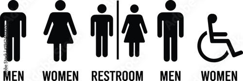Restroom signage icon set with male female gender symbols handicap accessible wheelchair sign and public washroom toilet indicators,