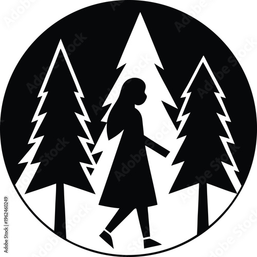 Woman Walking In Forest Flat Icon Style Silhouette Vector Art Illustration