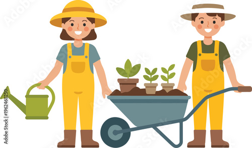 Vector illustration of a male and female gardener, man carrying soil in wheelbarrow, woman watering plants, outdoor gardening activity