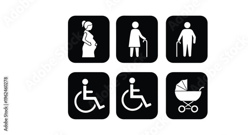 Graphic illustration of six accessibility icons on black squares with white symbols for pregnant woman, man with cane, person with cane, wheelchair user, companion, and baby stroller on a