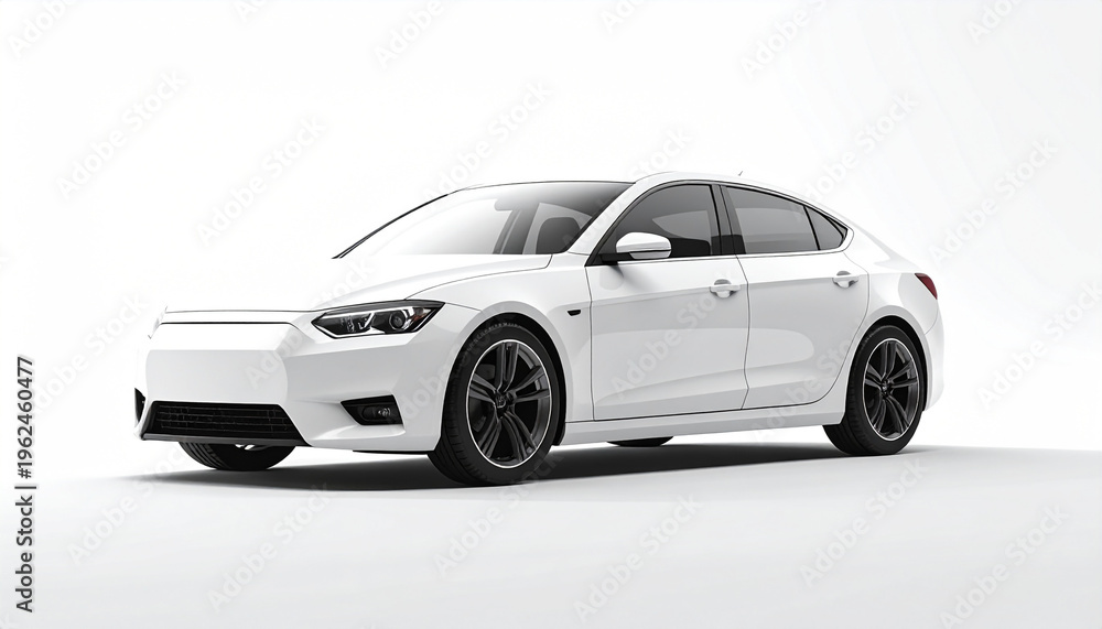 Fototapeta premium Front three-quarter view of a white modern sedan car on a white background