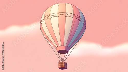 Vibrant pink hot air balloon soaring through soft white clouds in serene sky