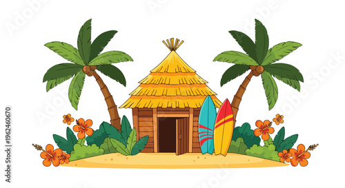 Illustration of a tropical hut with thatched roof and surfboards on a sandy beach with palm trees and floral arrangements.