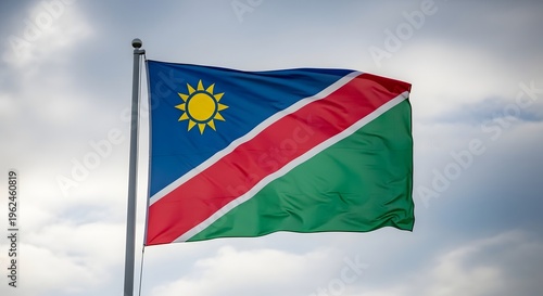 The flag of namibia waving in the wind against a cloudy sky