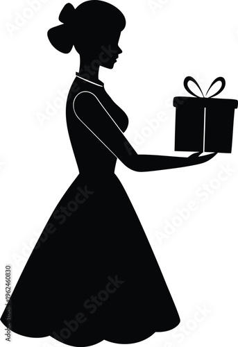 Woman With Gift Box Flat Icon Style Silhouette Vector Art Illustration