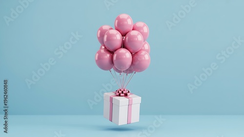 A white gift box with pink ribbon and bow floats in air tied to bunch of shiny pink balloons against pastel blue background