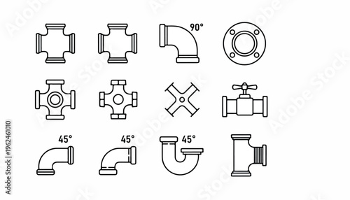 Graphic illustration of various pipe fittings and valves with angles and connections on a white background.