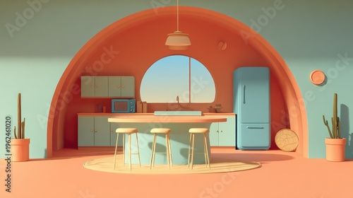 Modern interior kitchen design with orange and blue color scheme