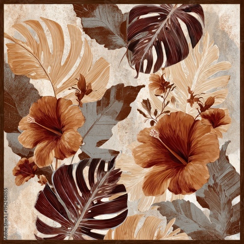 Floral pattern featuring hibiscus flowers and tropical leaves design