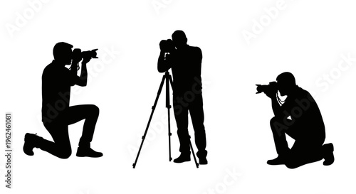 Three photographers in silhouette capturing moments with cameras and tripod