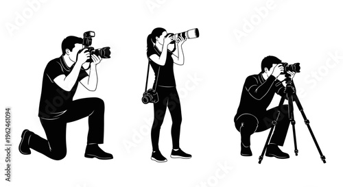 Silhouette of photographers at work with cameras and tripods in various poses