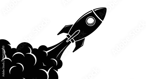 Black silhouette of a rocket ship launching into space with flames and smoke silhouette