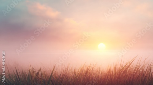 Tranquil sunrise over grassy field with soft hues and atmospheric effects