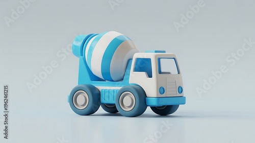 3d rendered toy blue and white cement mixer truck on gray background