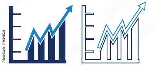 Set of solid and outline bar chart icons with blue rising line arrows representing financial growth business success and statistical progress.