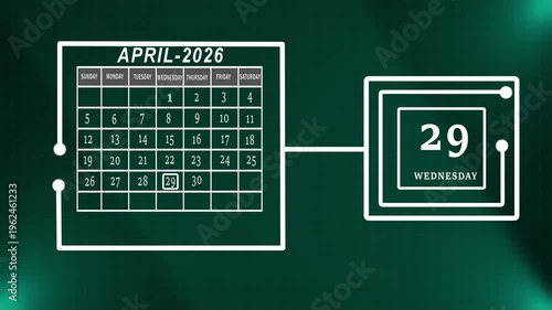 Futuristic April 2026 wednesday Month End Calendar Display Highlighting Professional Deadlines And Final Weekly Planning Green Grid Tech.
