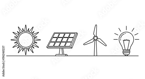 Renewable energy sources silhouette sun solar panel wind turbine light bulb