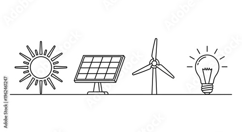 Renewable energy sources silhouette sun solar wind lightbulb