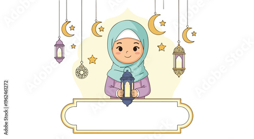 Illustration of a smiling Muslim girl wearing a hijab holding a book surrounded by hanging lanterns moons and stars on a white background with a festive Ramadan or Eid Mubarak theme.