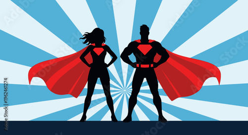 Superhero silhouette duo standing against radiant blue background with red capes