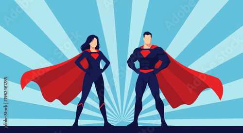 Superhero couple standing strong in red and black costumes with silhouette
