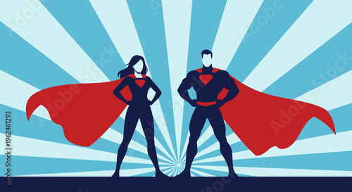 Superhero couple standing strong in silhouette against a vibrant sunburst background with flowing red capes