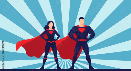 Superhero couple standing strong in silhouette against a vibrant blue sunburst background with red capes flowing