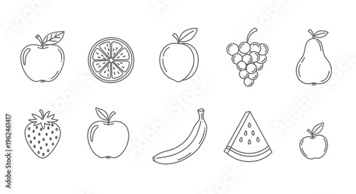 A black and white illustration of various fruit silhouettes