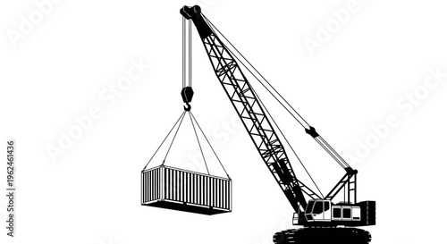 Silhouette of a crane lifting a shipping container against a white background silhouette